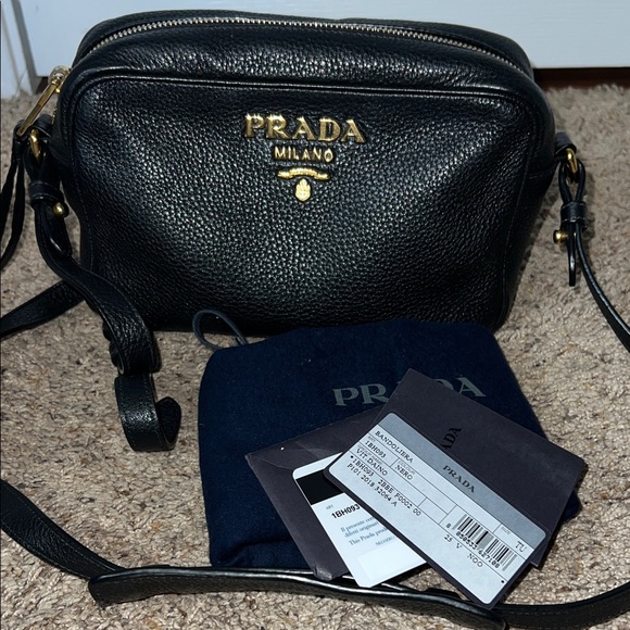 Prada Handbags - 3308 Prada Black Leather Shoulder Bag with Gold Details